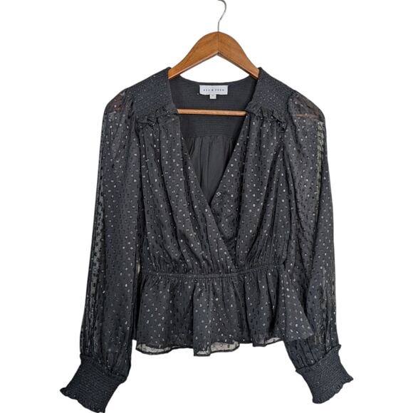 Ash & Eden Swiss Dot Top 4 Black Faux Wrap Peplum Smocked Sheer L/S Shimmer - Picture 1 of 9